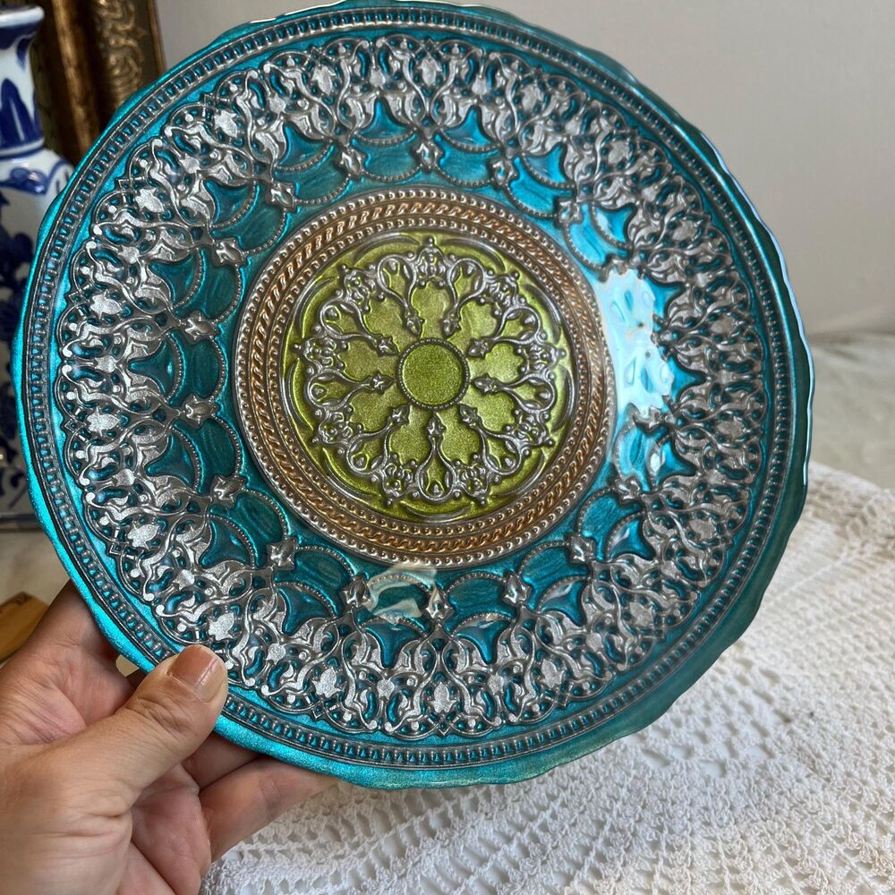 Vintage Turkish Topkapi Art Glass Cake Pedestal Plate Cupcake Stand 8.75 inch